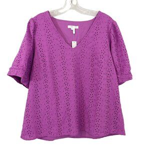 NEW Draper James Purple Eyelet Puff Sleeve V-Neck Top Boho - Size Large